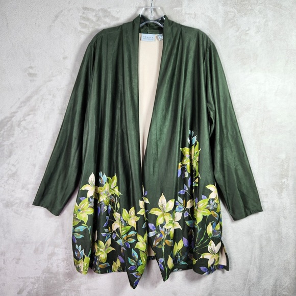 Susan Graver Sweaters - Susan Graver Womens 2X Pine Violet Printed Faux Suede Open Front Duster A662836
